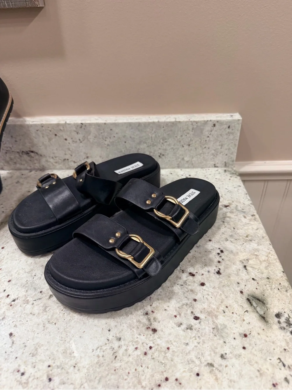 Steve Madden Black Platform Slide Sandal with Gold Buckles